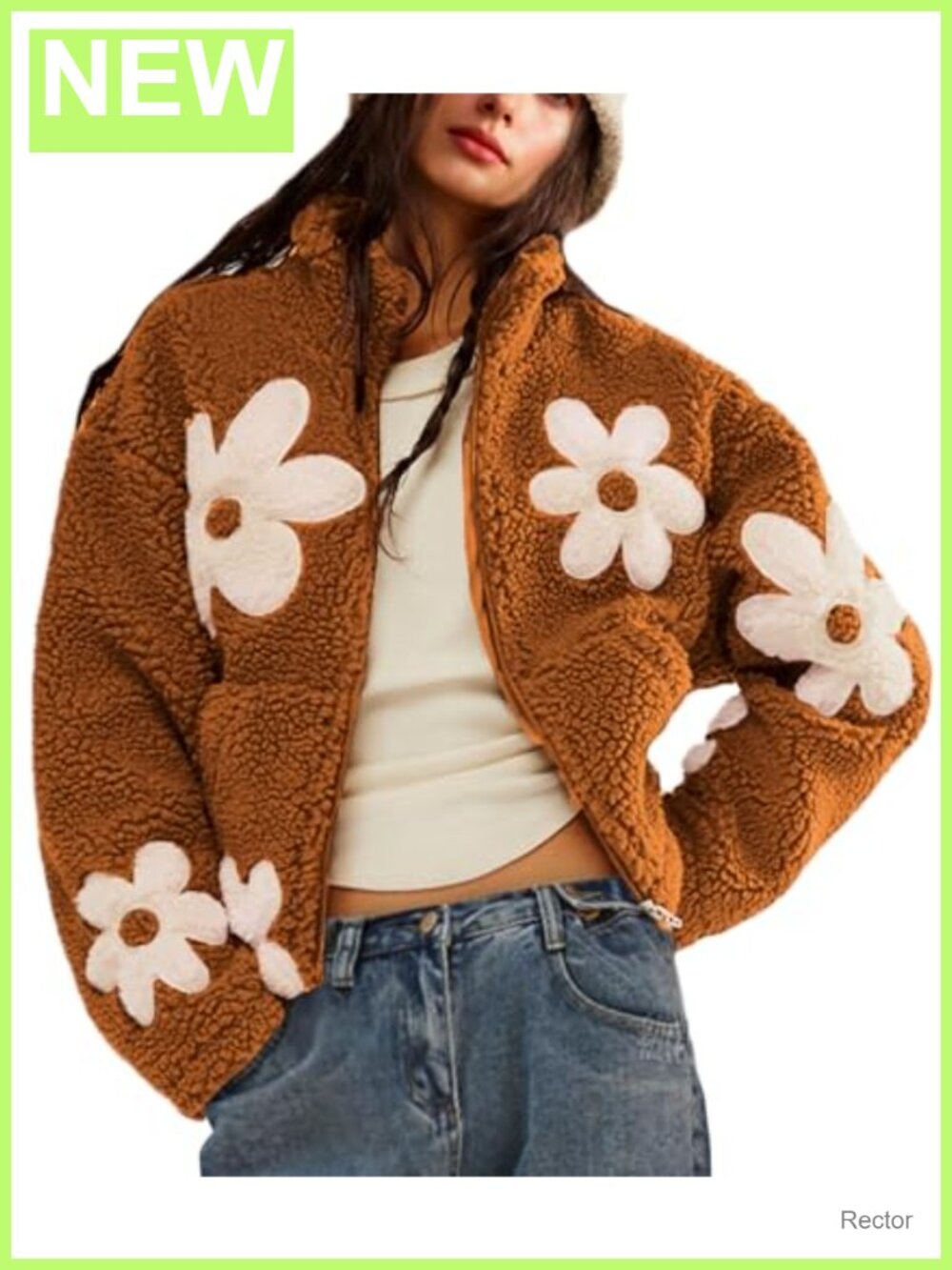 Womens Floral Sherpa Fleece Jacket Fuzzy Teddy Cropped Coat Zip Up